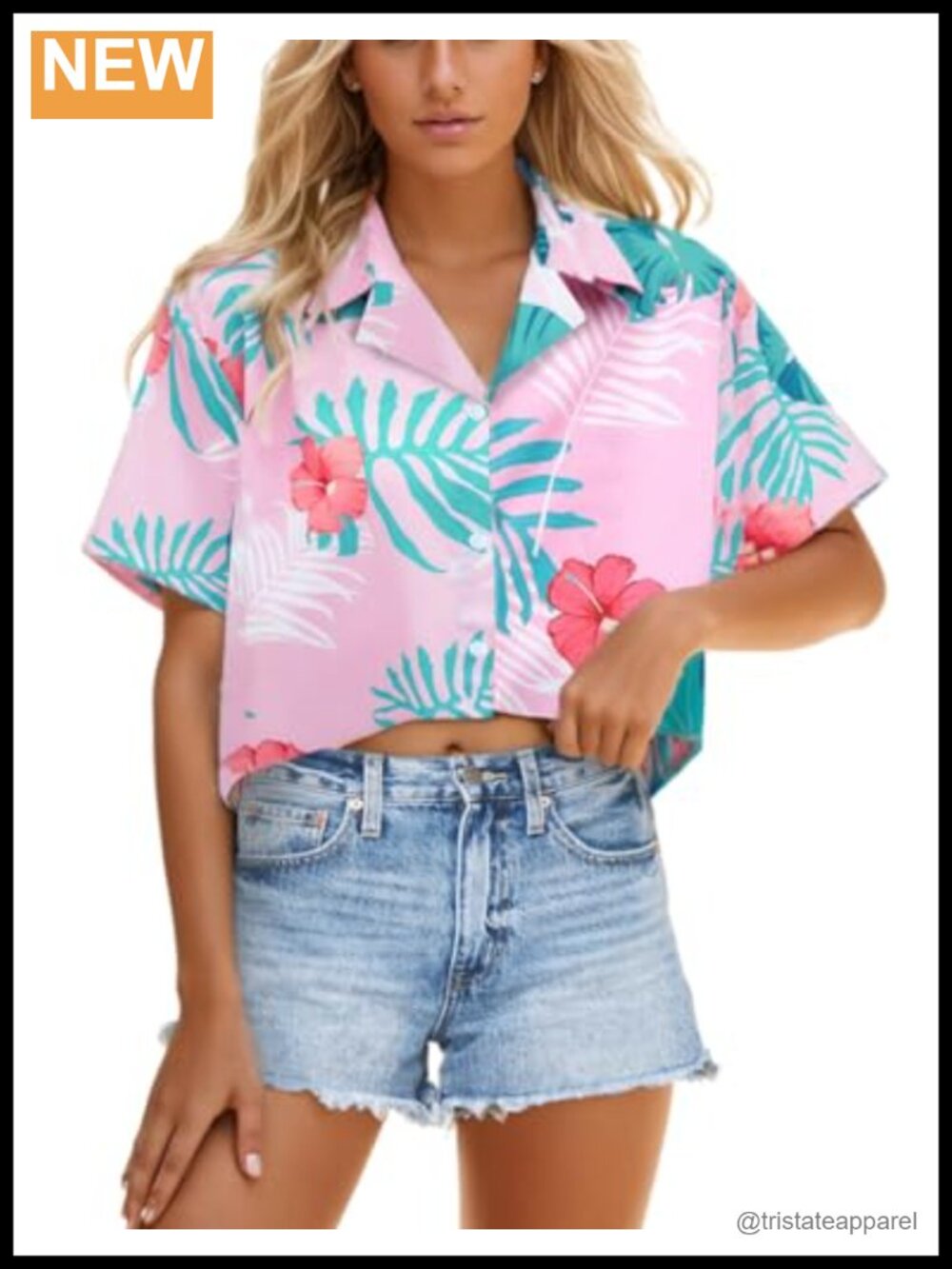 Cropped Hawaiian Shirt - Short Sleeve Button Down Vacation Blouse for Women